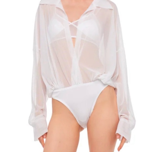 Norma Kamali Tops - Norma Kamali Super Oversized Boyfriend Shirt Bodysuit White XXS Mesh Revolve